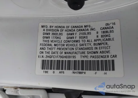 2016 Honda Civic Ex-L z USA, uszkodzony, nr VIN 2HGFC1F79GH659195